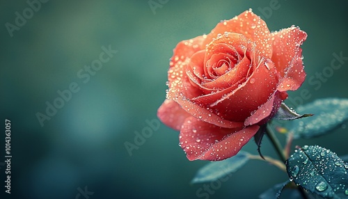 Tranquil Beauty - Close-up of Vibrant Red Rose with Dew Drops on Petals Against Soft Green Background