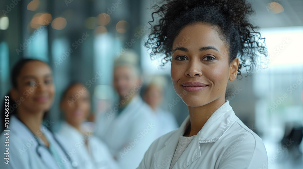 A confident female doctor stands proudly in front of her diverse medical team, all wearing white coats and smiling in a modern hospital setting, symbolizing teamwork and leadership in healthcare. A confident female doctor stands proudly in front of her diverse medical team, all wearing white coats and smiling in a modern hospital setting, symbolizing teamwork and leadership in healthcare.