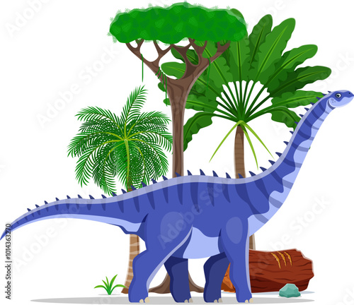 Hypselosaurus prehistoric dinosaur cartoon character from the Late Cretaceous period. Isolated vector ancient herbivore reptile animal at the lush tropical landscape with palm trees, log and rock