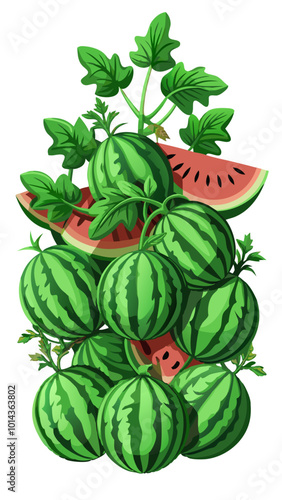 watermelon with leaves - vector illustration of watermelon isolated on white, watermelon vector art