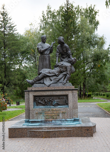 Monument to Omsk hospital workers during the Great Patriotic War in the Victory Park in Omsk in summer