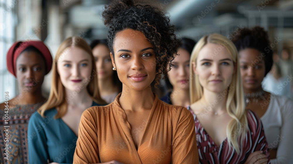 A diverse group of empowered women from various cultural backgrounds standing confidently in a modern workplace, each in leadership and educational roles A diverse group of empowered women from various cultural backgrounds standing confidently in a modern workplace, each in leadership and educational roles