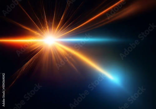 A bright, white light radiates from a center point with warm orange and cool blue rays shooting out in opposite directions.
