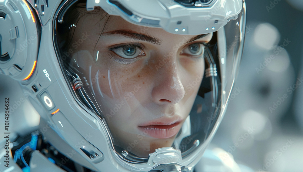 Fototapeta premium Close up of futuristic figure wearing advanced helmet with transparent visors and intricate technological details