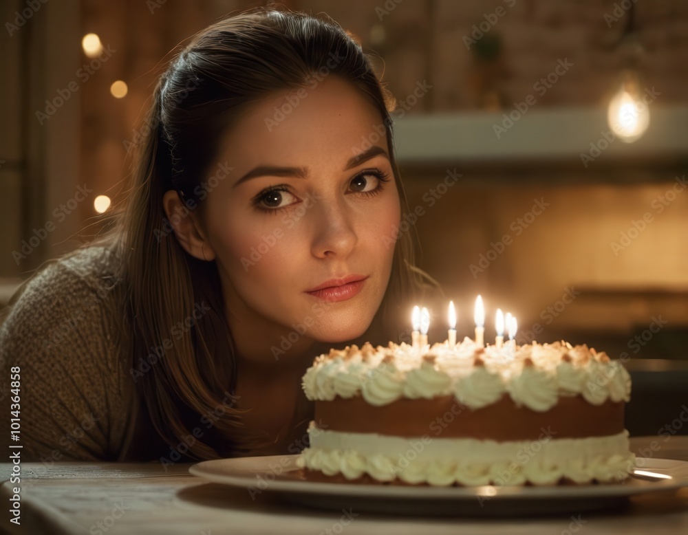 A woman is seen blowing out a single candle on her birthday cake A woman is seen blowing out a single candle on her birthday cake