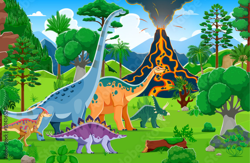 Prehistoric era landscape with dinosaurs amidst lush tropical greenery and a dramatic erupting volcano. Cartoon vector scene showcasing a tranquil yet dynamic ecosystem teeming with Jurassic era life