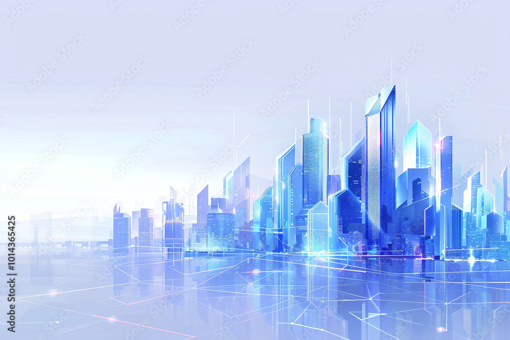 A visually captivating digital cityscape with blue-white gradient skyscrapers linked by glowing abstract lines, representing innovation and smart technology. Great for marketing and design projects A visually captivating digital cityscape with blue-white gradient skyscrapers linked by glowing abstract lines, representing innovation and smart technology. Great for marketing and design projects