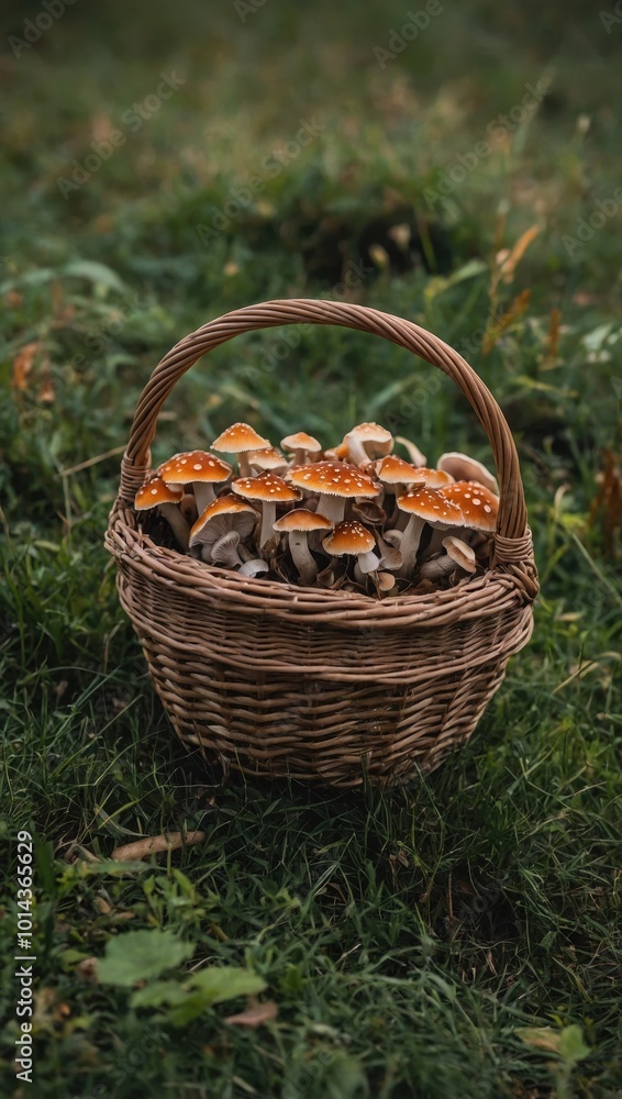 A basket filled with wild mushrooms in an outdoor setting, no visible people in the scene. A basket filled with wild mushrooms in an outdoor setting, no visible people in the scene.