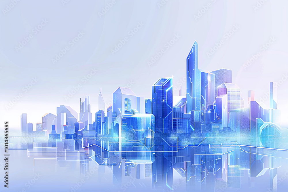 Fototapeta premium A visually captivating digital cityscape with blue-white gradient skyscrapers linked by glowing abstract lines, representing innovation and smart technology. Great for marketing and design projects