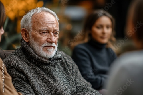 Portrait of senior man sharing mental health struggles in support group session with people comforting him, Generative AI