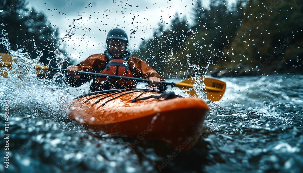 Fototapeta premium Adventurous Kayaker Conquering Turbulent River Rapids - Action Packed Medium Shot with Splashing Water Droplets