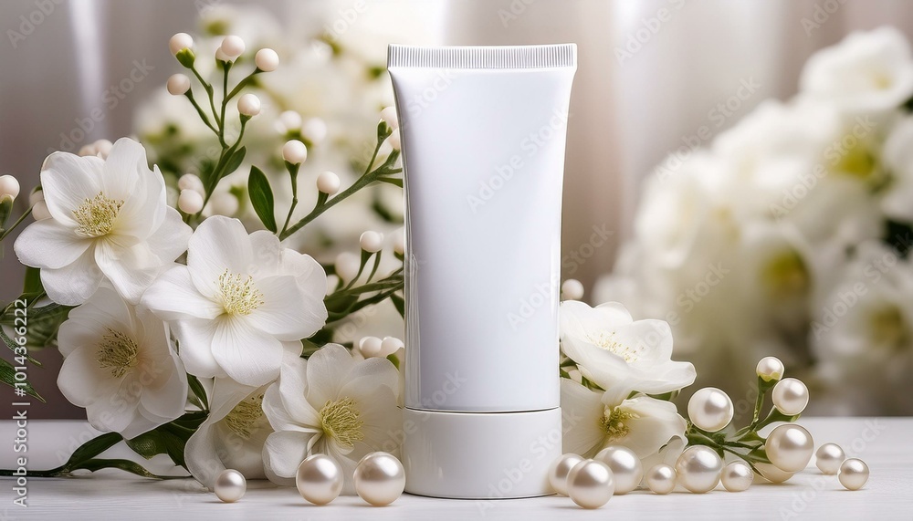 jar for cosmetics. white hand cream jar with no label on the stand. delicate floral background with white pearl jar for cosmetics. white hand cream jar with no label on the stand. delicate floral background with white pearl