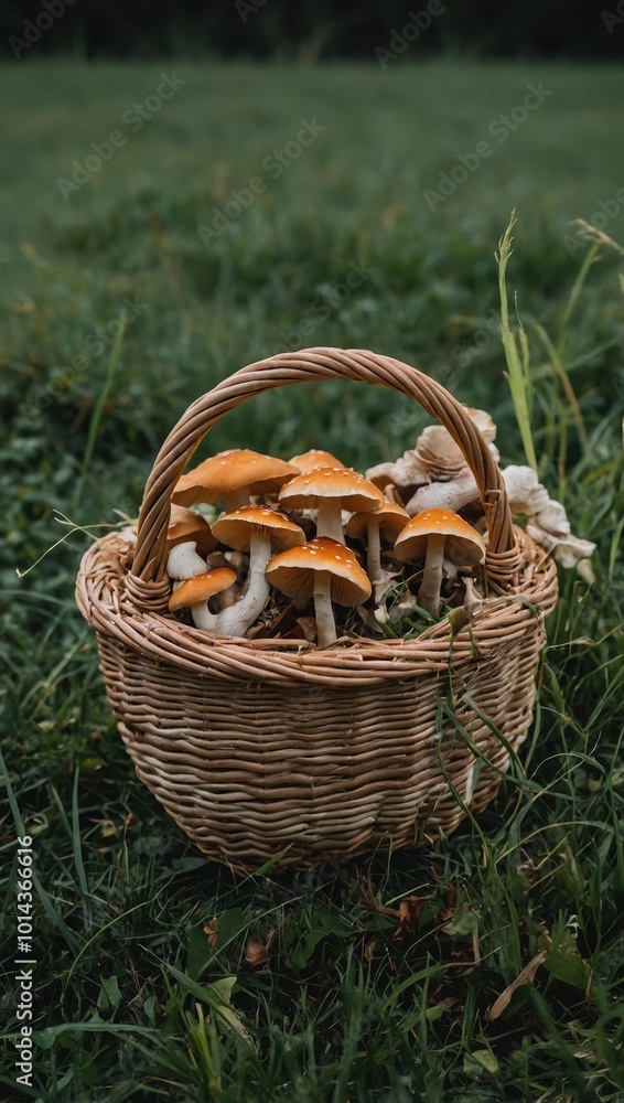 A basket filled with mushrooms, likely wild, in an outdoor setting on a grassy surface. A basket filled with mushrooms, likely wild, in an outdoor setting on a grassy surface.