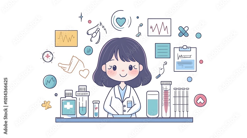Cheerful Chibi Character with Medical Devices and Tester Cheerful Chibi Character with Medical Devices and Tester