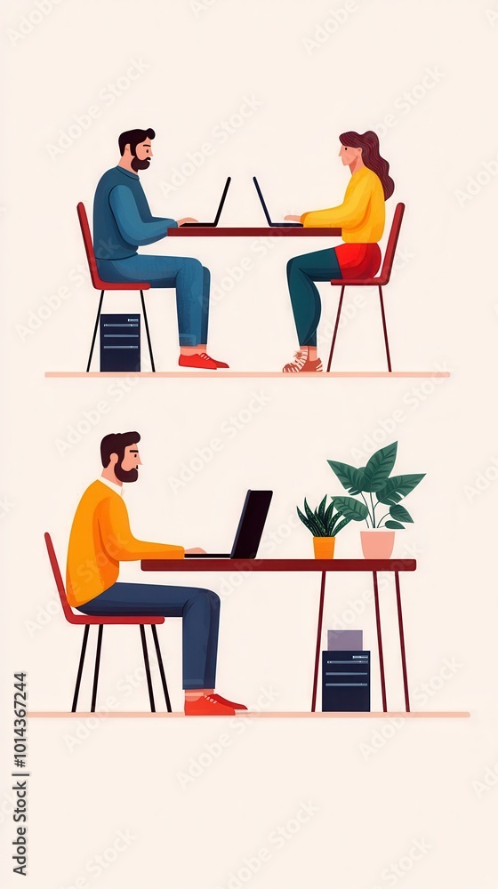 Two individuals work at a table, each focused on their laptops in a minimalistic, modern setting. Two individuals work at a table, each focused on their laptops in a minimalistic, modern setting.