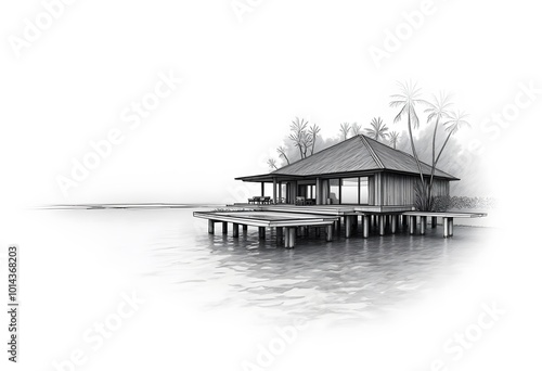 Tropical hut on the water. Summer vacation concept. Hand drawn watercolor illustration isolated on white background 