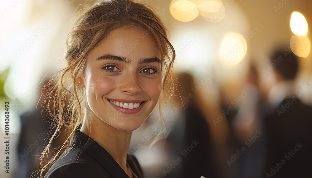 Successful Businesswoman Networking at Vibrant Conference, Exchanging Business Cards with Smile - Medium Shot Successful Businesswoman Networking at Vibrant Conference, Exchanging Business Cards with Smile - Medium Shot