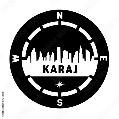 The laconic image of the city is framed by a circle and the cardinal points. City of Karaj photo