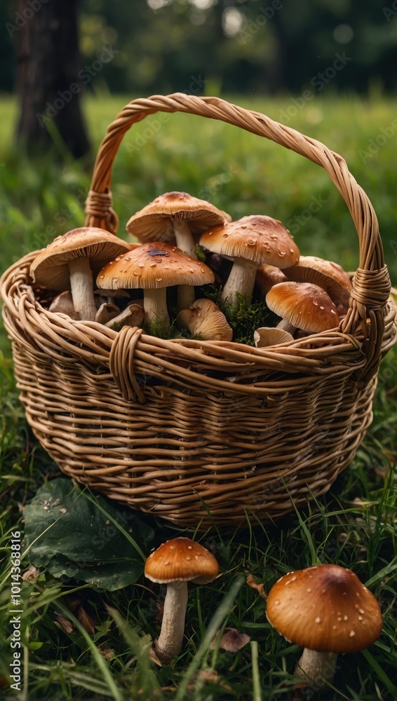 Woven basket of fresh mushrooms with some scattered around, placed on grassy ground, no people. Woven basket of fresh mushrooms with some scattered around, placed on grassy ground, no people.