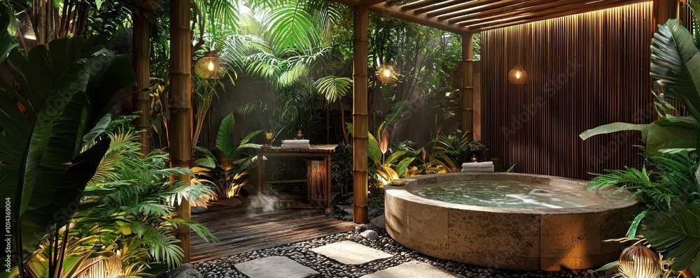 Bamboo pergola shading a luxury spa terrace with tropical foliage and ambient lighting.