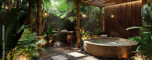 Obraz na płótnie Bamboo pergola shading a luxury spa terrace with tropical foliage and ambient lighting. w salonie