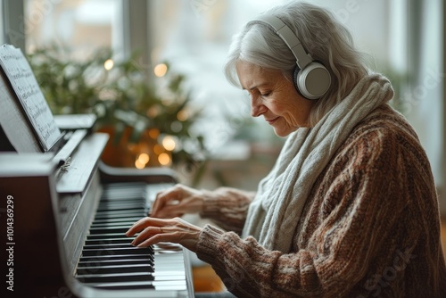 Portrait of inspired senior woman playing piano at home and wearing headphones while composing music, Generative AI photo