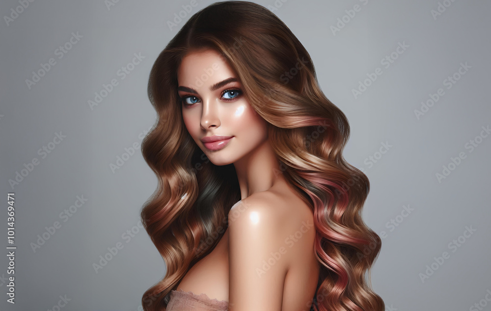 Long brown hair with pink highlights shows off texture and shine. Long brown hair with pink highlights shows off texture and shine.