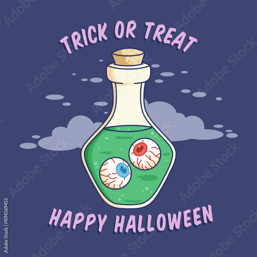 eye in jar for halloween celebration. cute witch potion with eye ball in bottle illustration