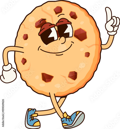 Groovy cookie bakery character. Cartoon pastry personage with smart lively expression and retro sneakers cheerfully strolling with finger pointing up. Isolated vector round cookie with chocolate chips