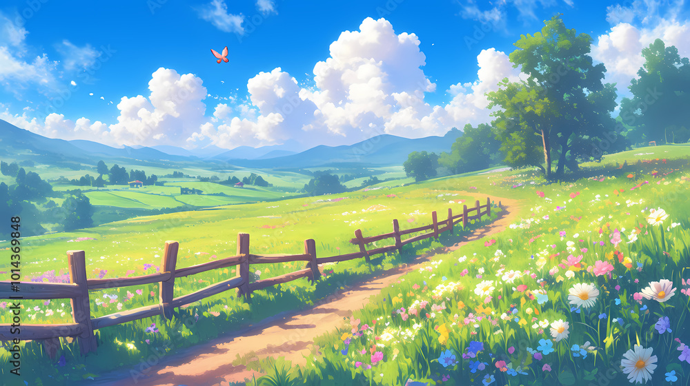 Anime-style summer meadow landscape wildflowers in various colors, butterflies fluttering. Blue sky with fluffy white clouds. Anime-style summer meadow landscape wildflowers in various colors, butterflies fluttering. Blue sky with fluffy white clouds.