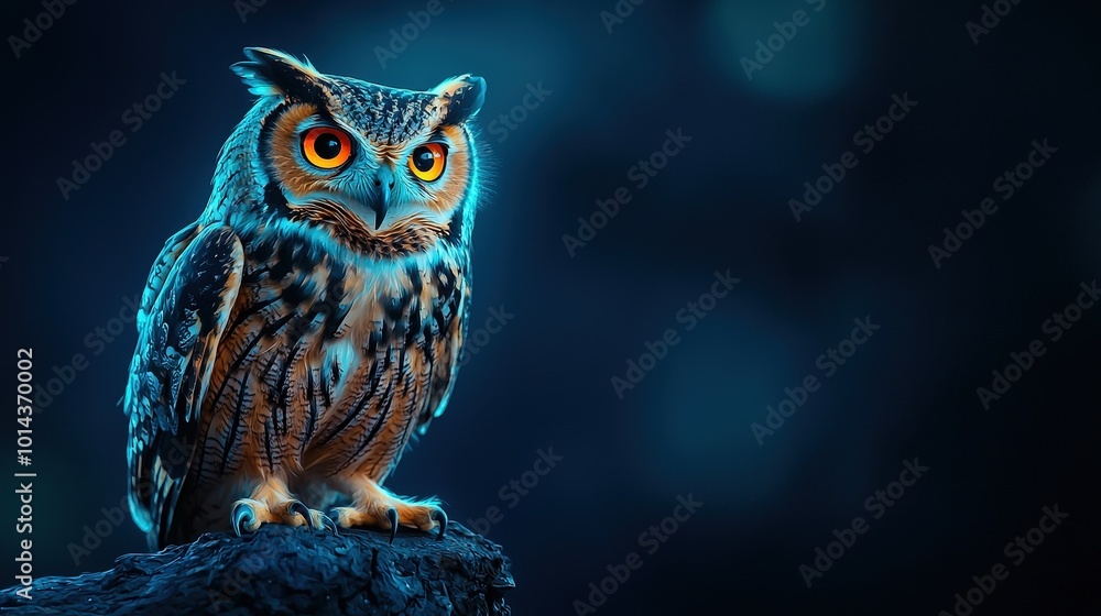 A stunning portrait of a majestic owl perched gracefully in a mystical blue light, showcasing its vibrant feathers and striking orange eyes. Ideal for nature enthusiasts. A stunning portrait of a majestic owl perched gracefully in a mystical blue light, showcasing its vibrant feathers and striking orange eyes. Ideal for nature enthusiasts.