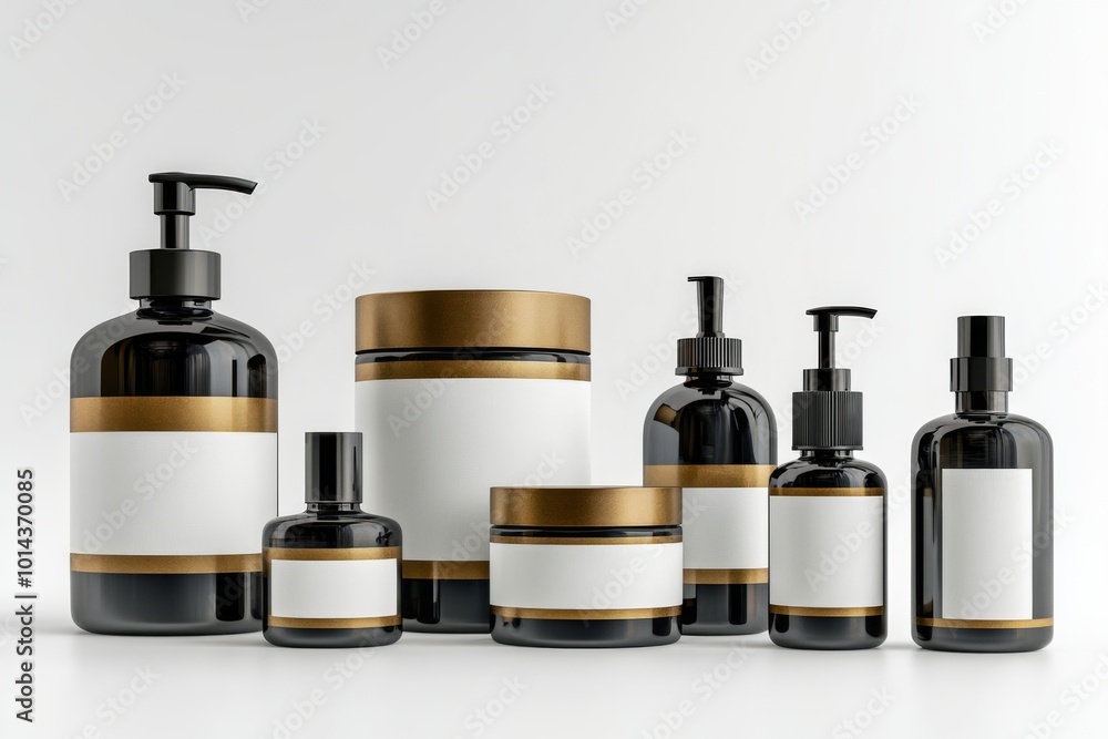 set of cosmetic bottles and jars with white label mockup on light background set of cosmetic bottles and jars with white label mockup on light background