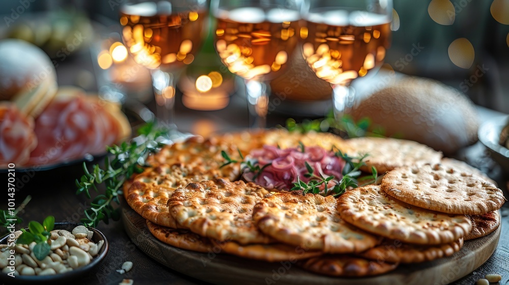 Delicious flatbreads adorned with herbs, curated alongside sparkling beverages at a cozy evening gathering. Generative AI Delicious flatbreads adorned with herbs, curated alongside sparkling beverages at a cozy evening gathering. Generative AI