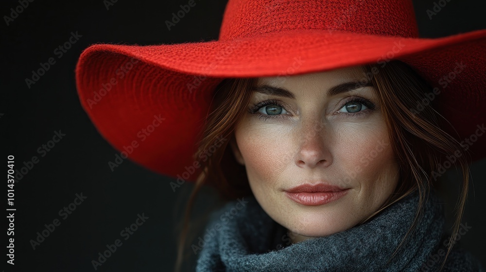 A woman in a vibrant red hat and gray scarf, showcasing beauty. A woman in a vibrant red hat and gray scarf, showcasing beauty.