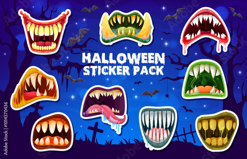 Stickers pack of Halloween monster mouth with drool jaws. Vector patches of monstrous mouths with exaggerated, sharp teeth, some dripping with saliva or blood on spooky graveyard with bats and spiders