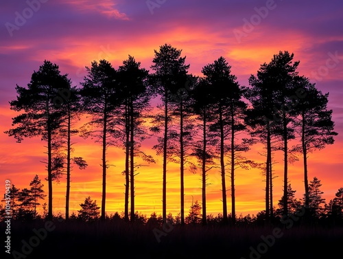 Silhouetted trees stand tall against a vibrant orange and purple sunset sky.