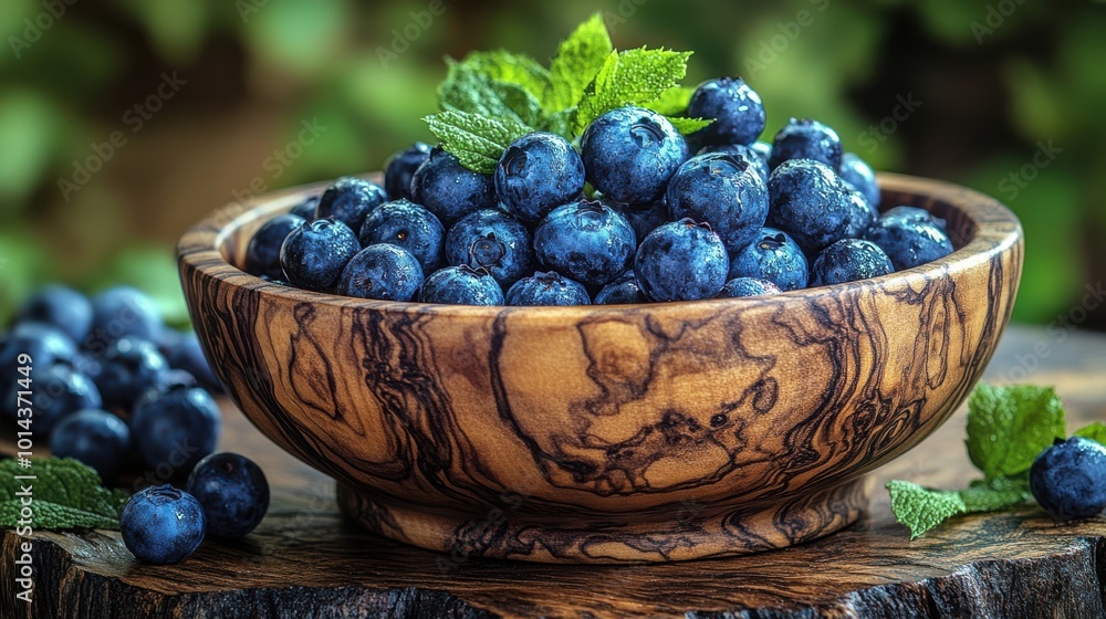 A wooden bowl filled with plump blueberries, showcasing their deep blue hue and glistening surface, resting on a rustic wooden tabletop, surrounded by vibrant green foliage A wooden bowl filled with plump blueberries, showcasing their deep blue hue and glistening surface, resting on a rustic wooden tabletop, surrounded by vibrant green foliage