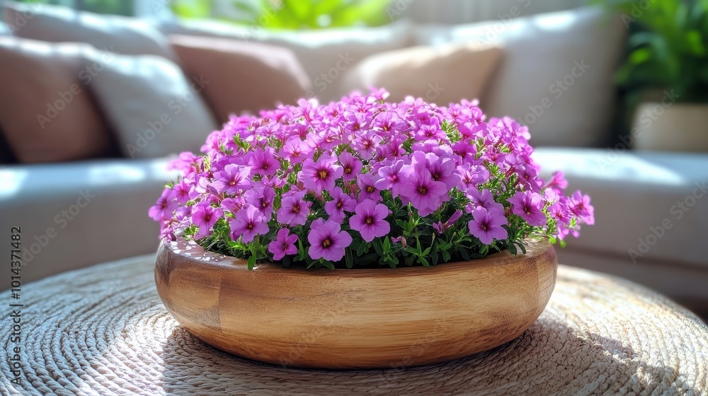 A wooden bowl filled with vibrant pink flowers, resting on a woven tabletop, bathed in soft natural light A wooden bowl filled with vibrant pink flowers, resting on a woven tabletop, bathed in soft natural light