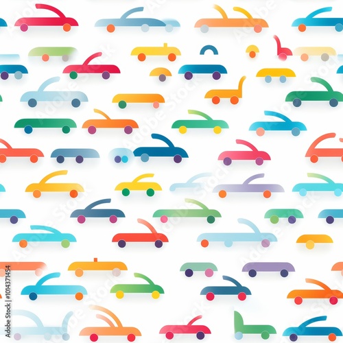Stylized pastel toy cars in minimalist repeating pattern with wavy edges for modern decor