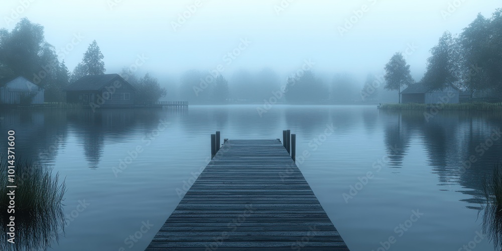 A wooden dock extends towards a misty lake with cabins tucked away in the surrounding trees A wooden dock extends towards a misty lake with cabins tucked away in the surrounding trees