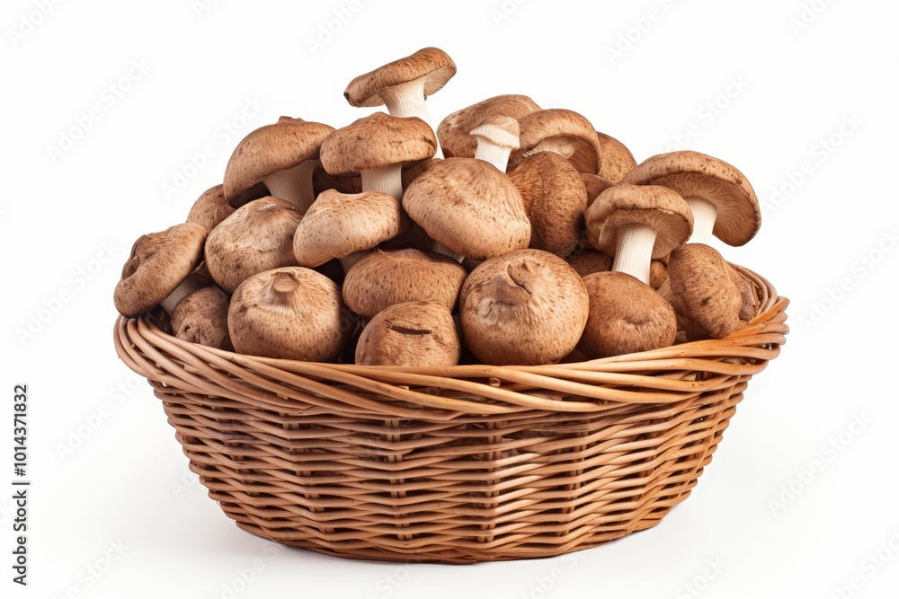 Minimalist scene of porcini mushrooms gathered in a wicker basket surrounded by subtle vegetation Minimalist scene of porcini mushrooms gathered in a wicker basket surrounded by subtle vegetation