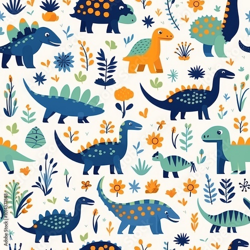 Minimalist seamless pattern featuring a dinosaur and plant on a white background