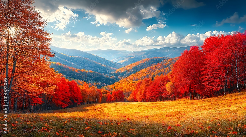 Fototapeta premium Serene Autumn Landscape with Rolling Hills and Vibrant Foliage
