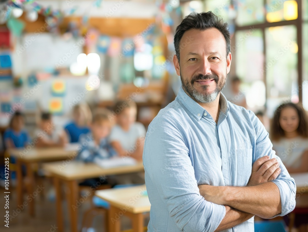Fototapeta premium A man is posing for a picture in front of a classroom, generative ai image