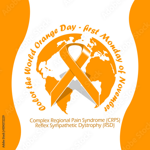 Color the World Orange Day celebrate on first Monday of November. Orange campaign ribbon with earth on white background. Health event banner