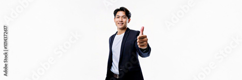 A East Asian man in a black suit jacket and white T-shirt is giving a thumbs up against a white background.