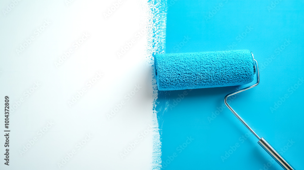 Obraz premium Painting a wall blue with paint roller creating two tone background