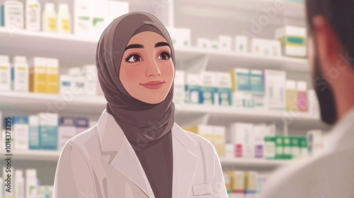 Friendly Muslim Pharmacist Assisting Customer – Professional Healthcare Service