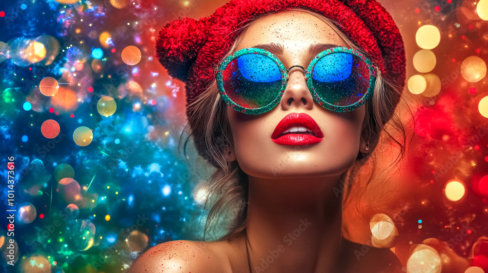 Beautiful woman wearing sunglasses and woolen hat posing on shiny background Beautiful woman wearing sunglasses and woolen hat posing on shiny background