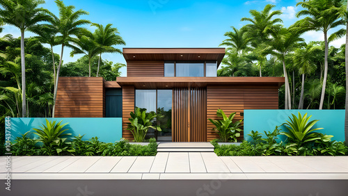 A contemporary tropical house featuring a sleek wooden exterior, large glass windows, and vibrant green surroundings with palm trees. Blue walls and greenery add a refreshing vibe to the design.
 photo